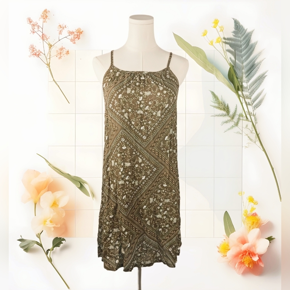 Planet Gold Olive Green Boho Print Spaghetti Strap Mini Dress Sz S 100% Rayon